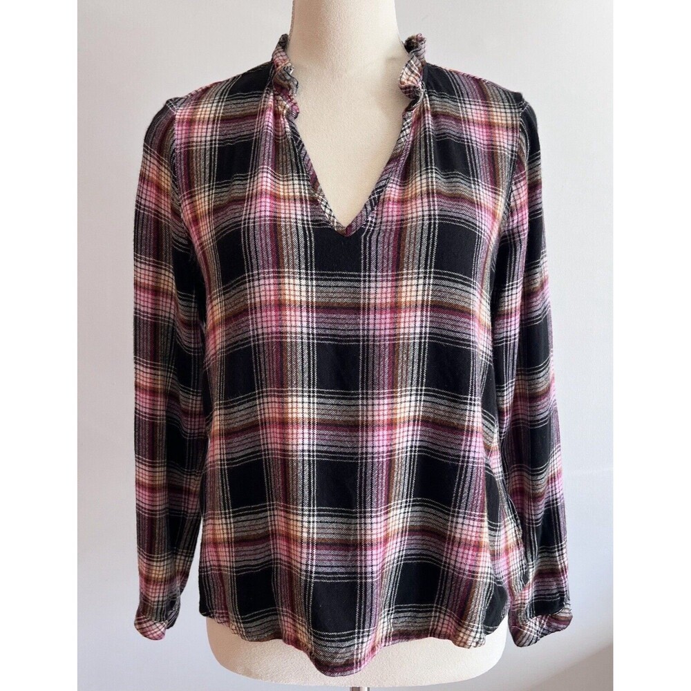 Anthropologie Black and Pink Plaid Blouse